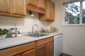 A kitchen with wooden cabinets and a window.